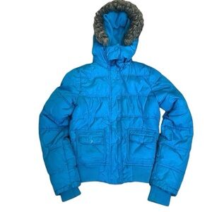 Electric Blue Puffer Coat with Removable Fur Lined Hood Junior’s Size Small